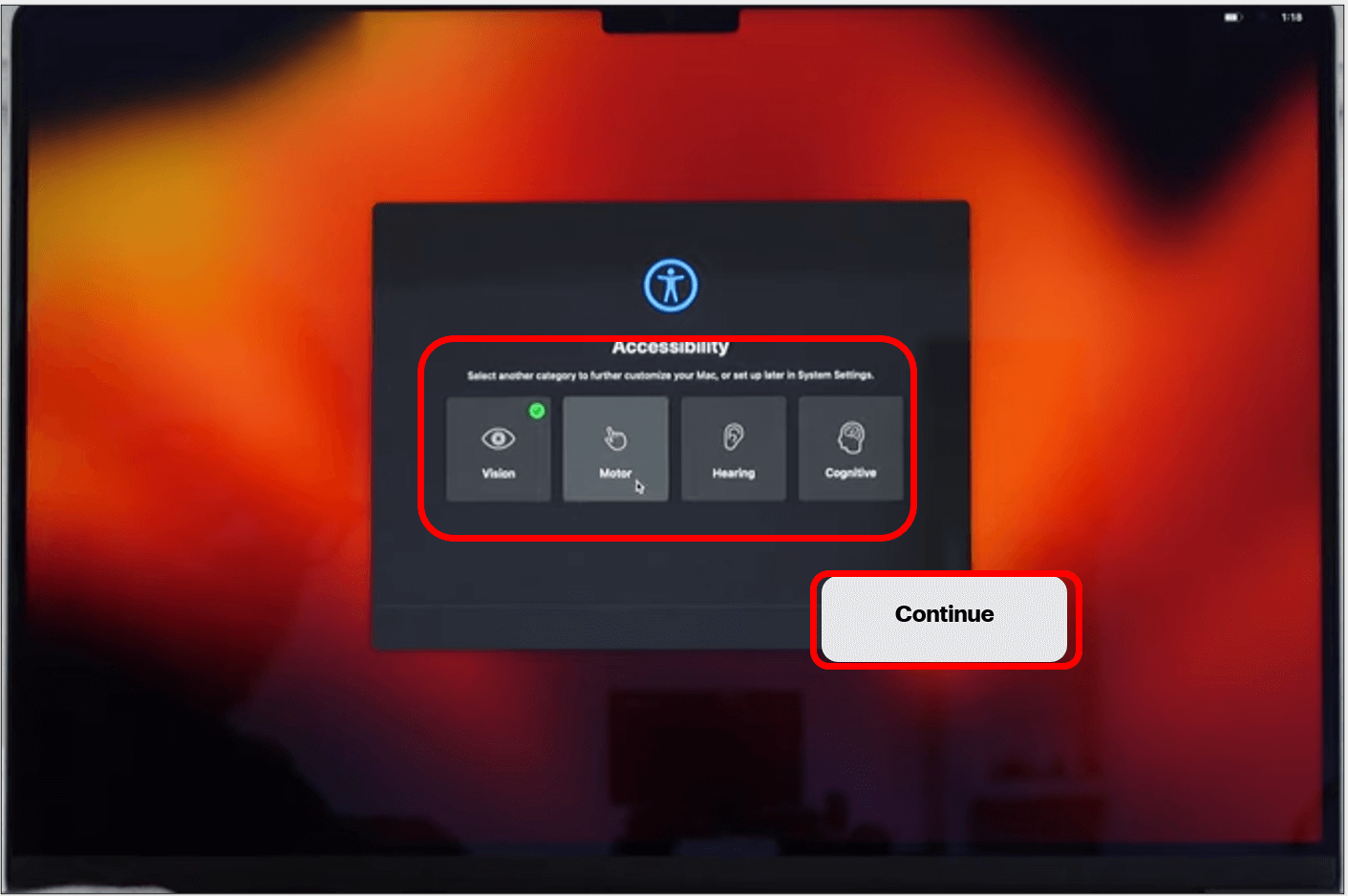 Accessibility settings with Continue highlighted in bottom right corner to show how to adjust accessibility settings.