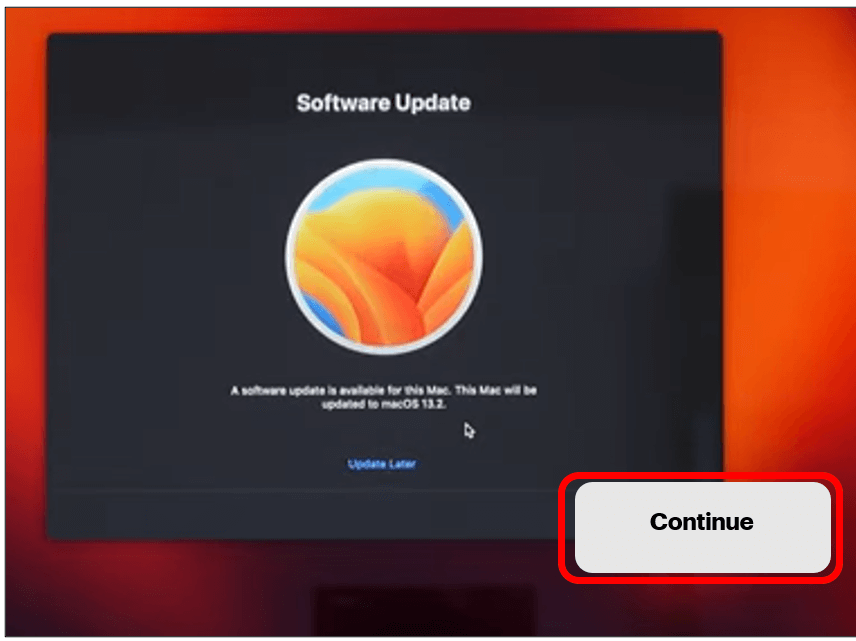 Software update screen with Continue button highlighted in bottom right corner to check for updates available.