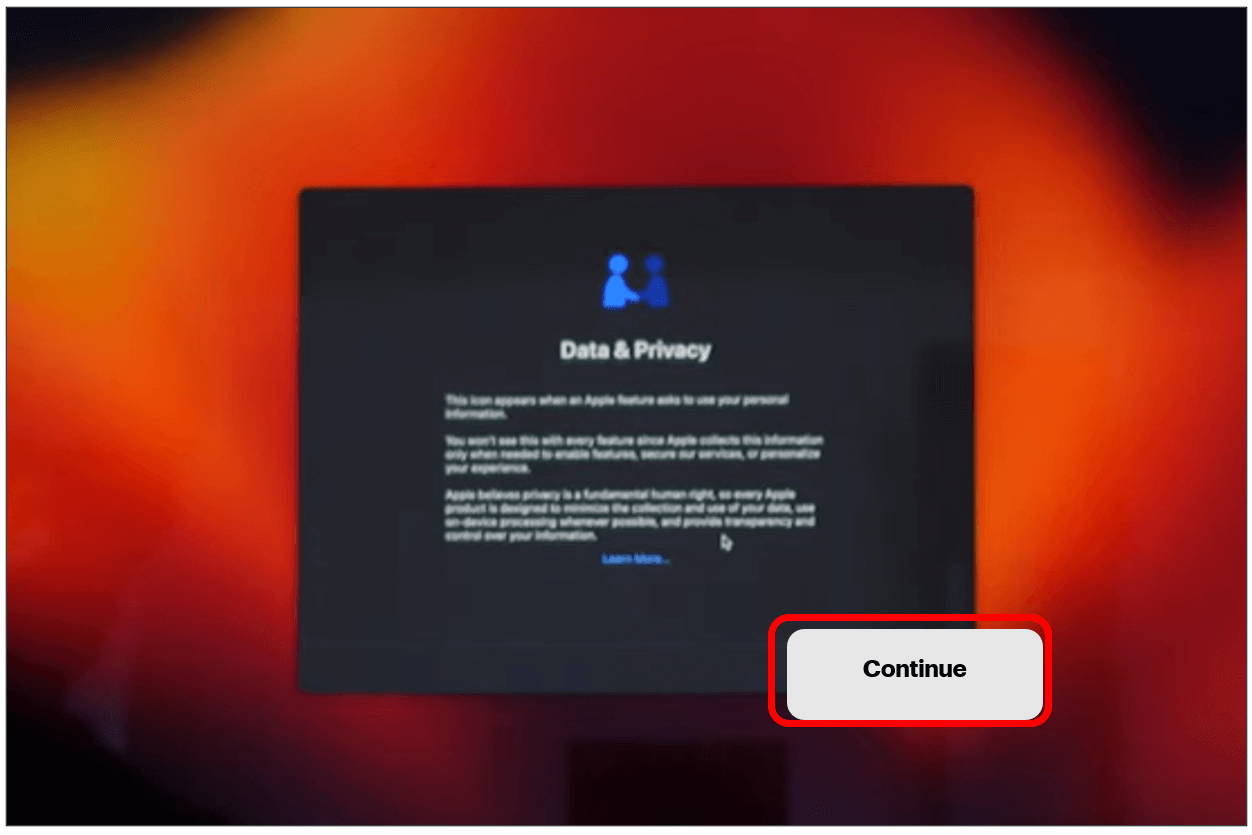 Data and privacy screen with Continue button highlighted in bottom right corner.