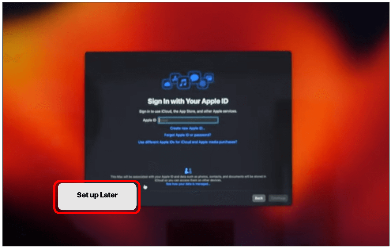 Apple ID screen with Set up later button highlighted to show how to skip this step for now.