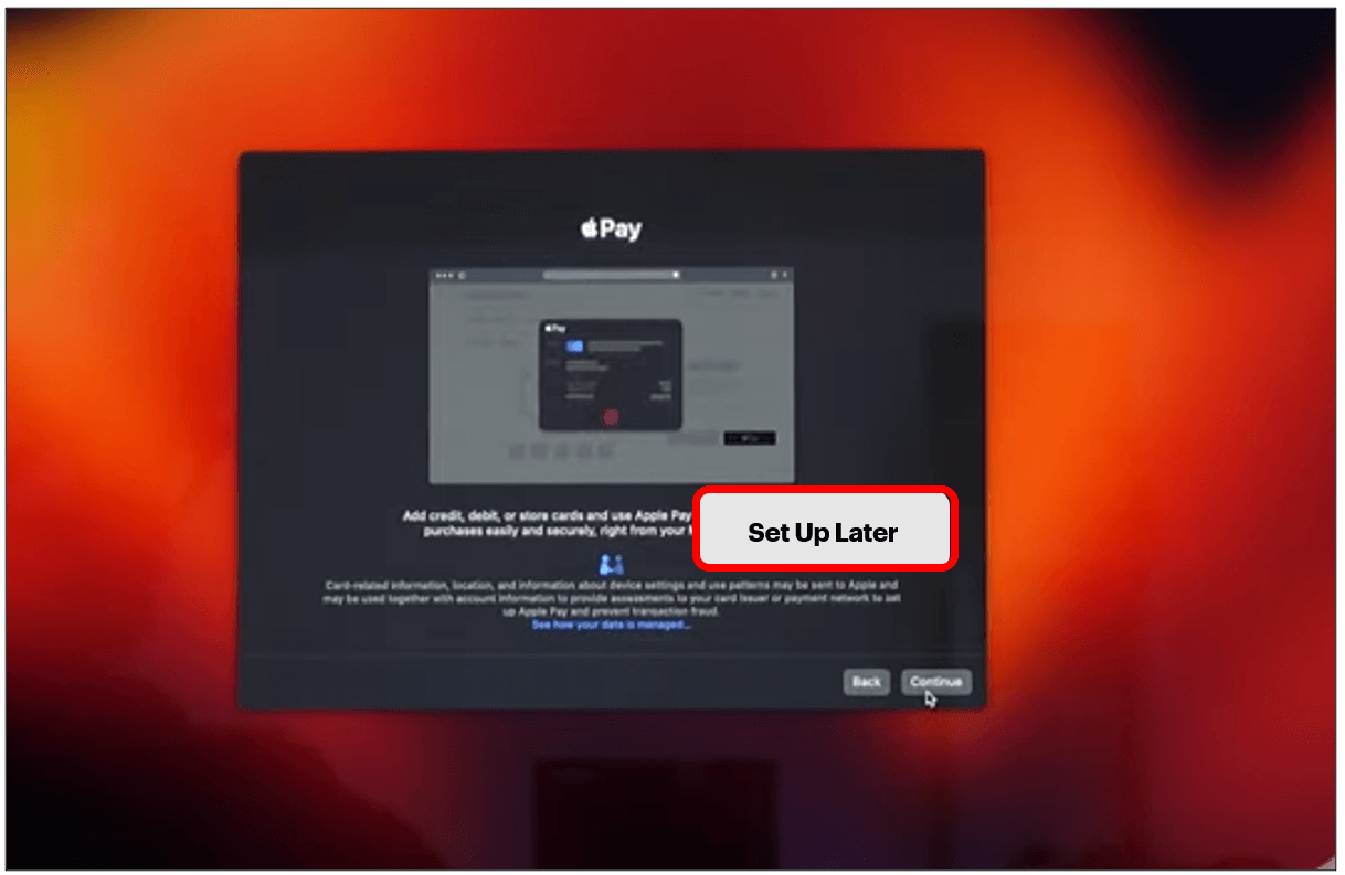 Apple Pay set up screen with Set up later button highlighted to show how to skip this step.