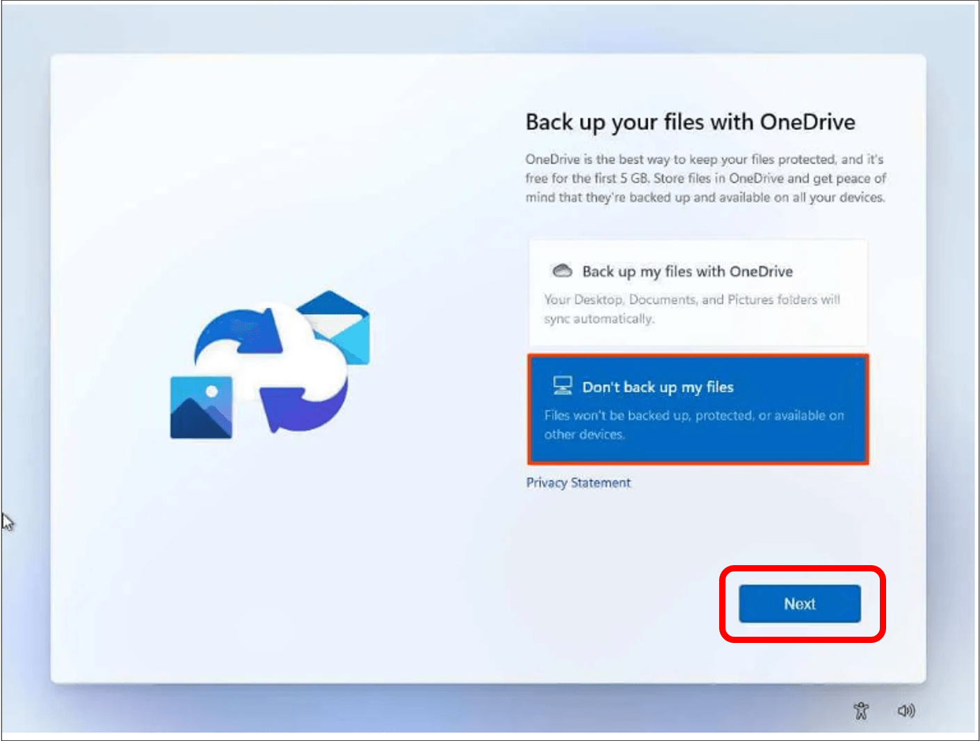 Backup screen with Don't back up my files button highlighted to show how to set up computer as new.