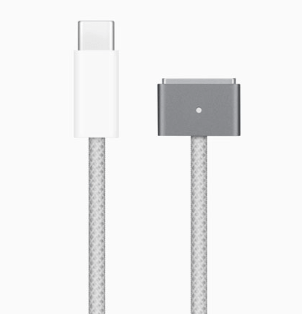 Grey and white MacBook charging cable.