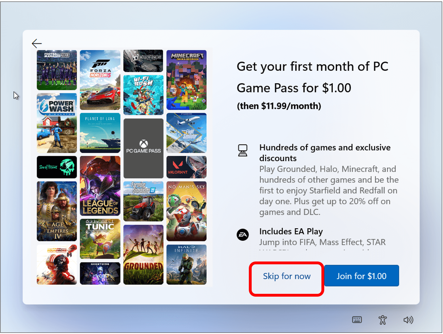 Game Pass offer with Skip for now button highlighted at bottom of the screen.