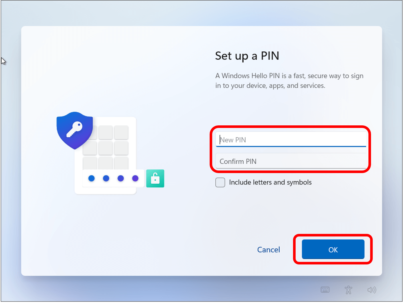 Set up a new PIN with box where you input new PIN and confirm PIN highlighted. OK button highlighted in bottom right corner.