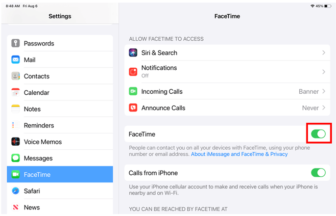 FaceTime settings screen with green toggle next to FaceTime highlighted