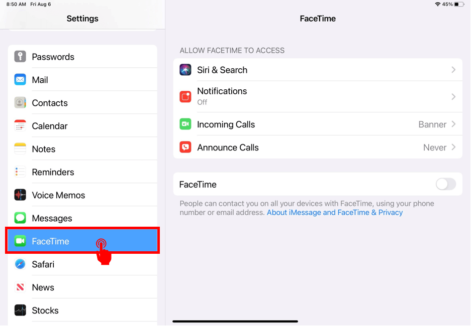 Settings screen with FaceTime highlighted in menu