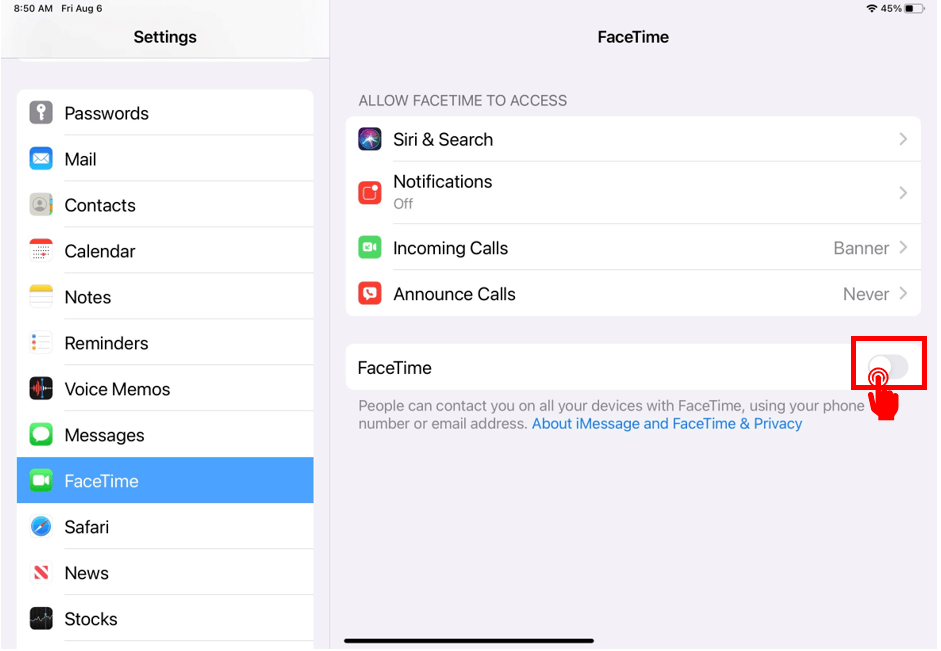 FaceTime settings with grey toggle next to FaceTime highlighted