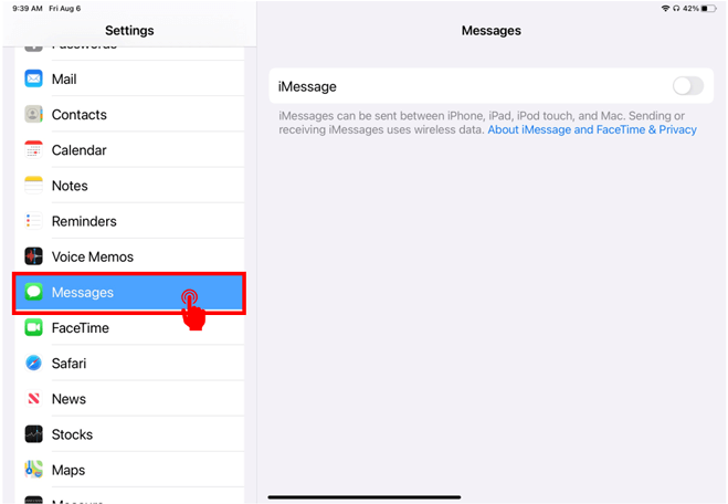 Settings menu with Messages highlighted