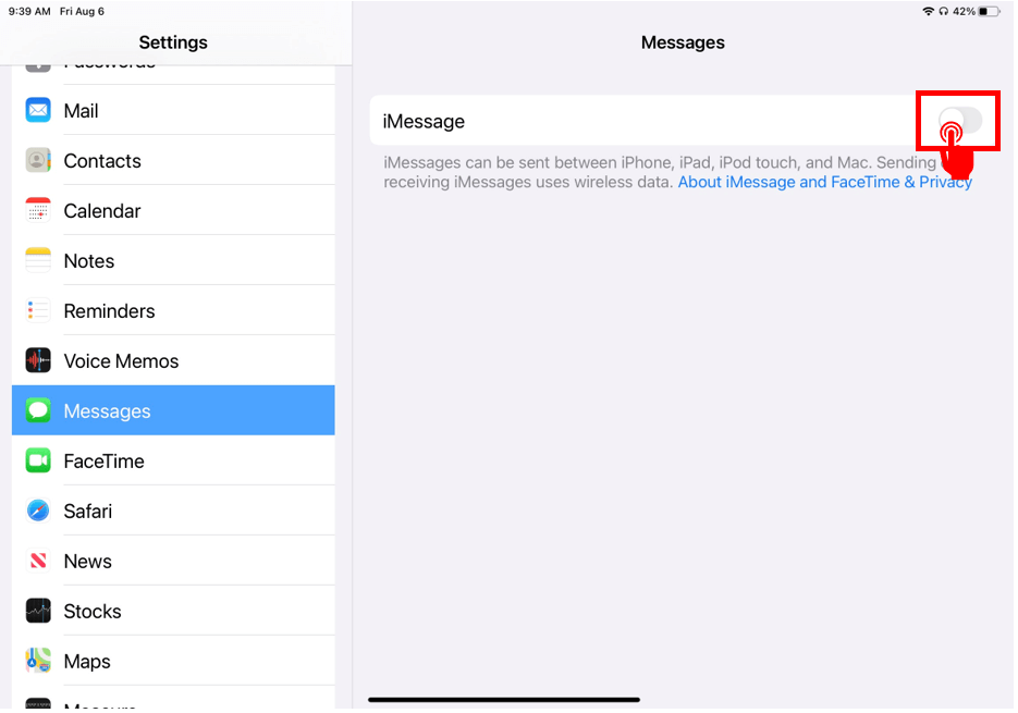 Messages settings with grey toggle highlighted next to iMessage