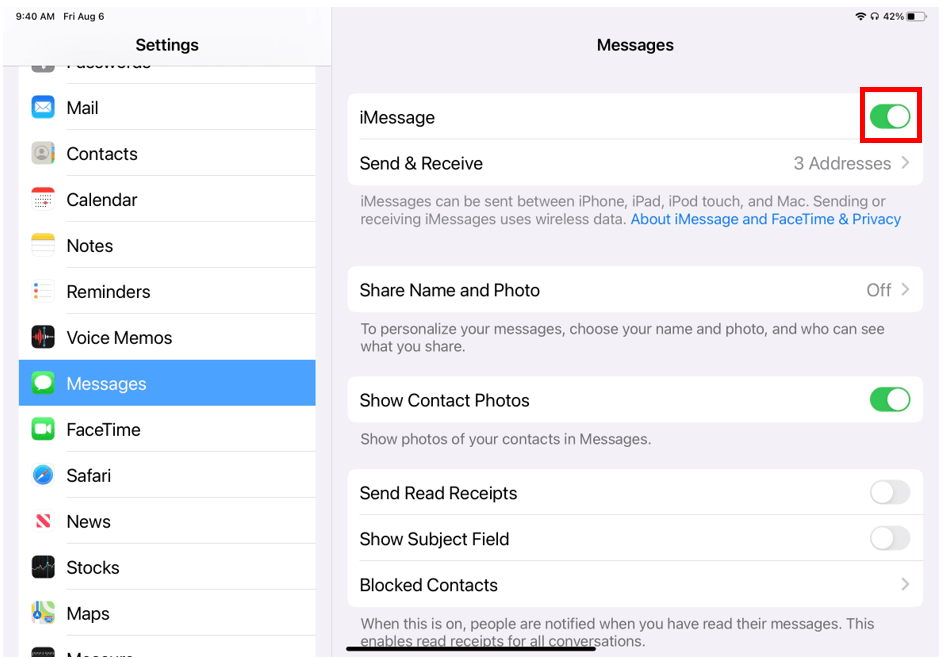Messages settings with green toggle highlighted next to iMessage