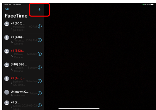 Screen to start a FaceTime call with the + sign circled in red to demonstrate how to start a new facetime call
