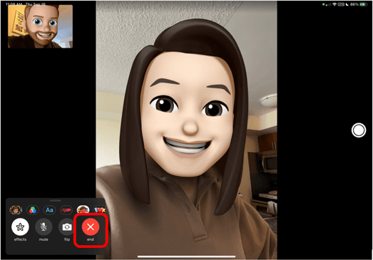 FaceTime call with the End button circled in red to demonstrate how to end a FaceTime call
