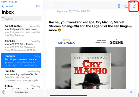 Mail app with create new email button in top right corner highlighted
