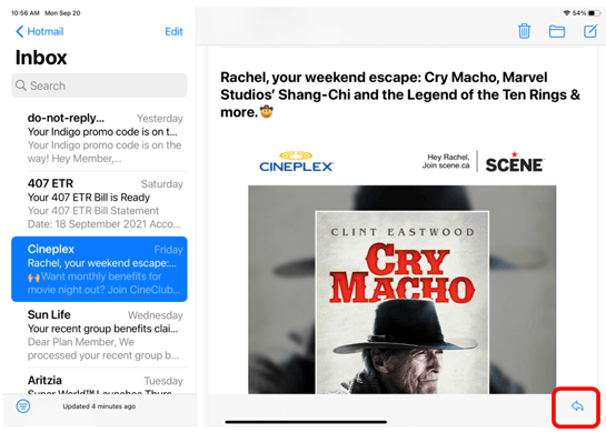 Email with backwards arrow in bottom right corner highlighted to show how to reply to an email