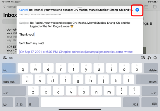 Email with send button highlighted to show how to send a reply