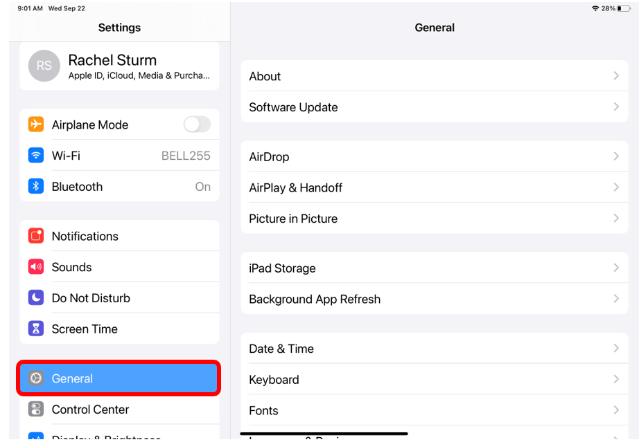 Settings menu with General highlighted on left-side of the screen