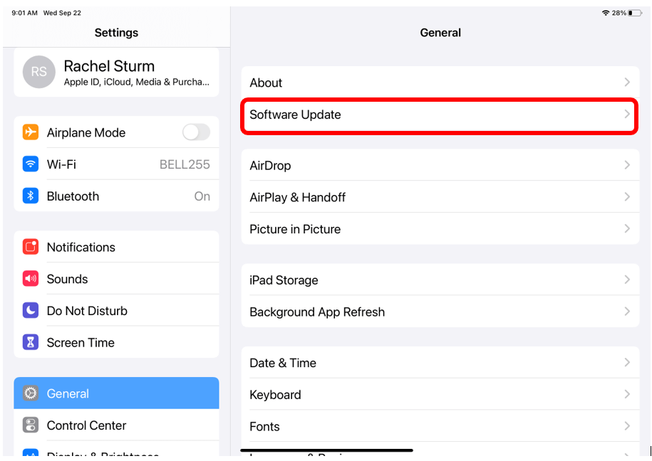 General menu with Software Update highlighted to show how to check for a software update on iPad