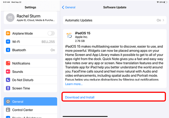 Software update with Download and Install highlighted in center of the screen to show how to complete a software update.