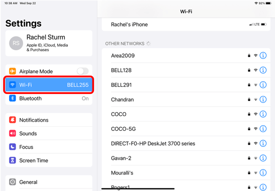 Settings app menu with WiFi highlighted on left-side of the screen