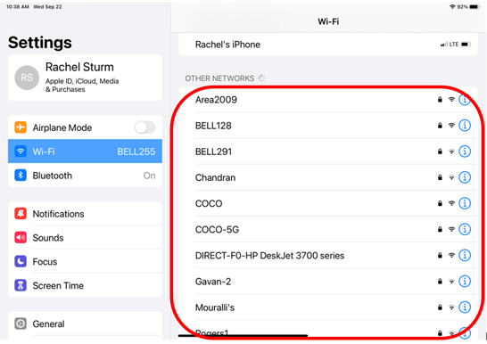 List of WiFi networks highlighted to show where to find nearby networks to join