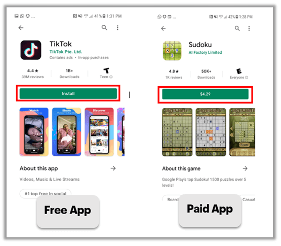 TikTok and Sudoko apps side-by-side to show difference between a paid app and free app on the Google Play Store
