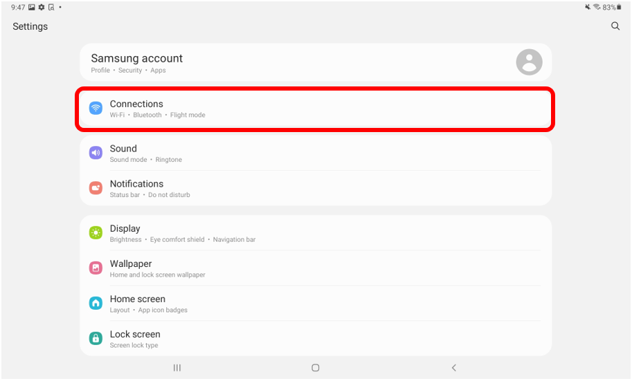 Android settings app menu with Connections circled in red to show how to access WiFi networks
