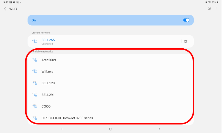 List of WiFi networks circled in red to show how to choose a WiFi network to join
