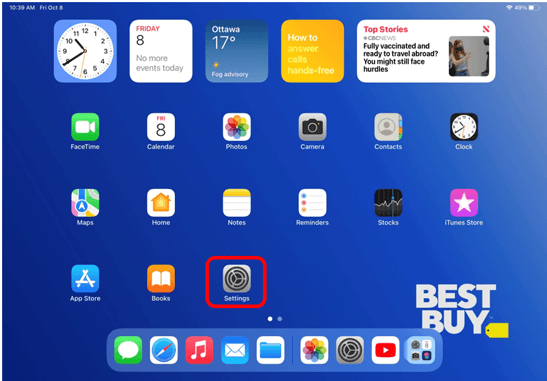 iPad home screen with Settings app circled in red to show where to go to add an email account
