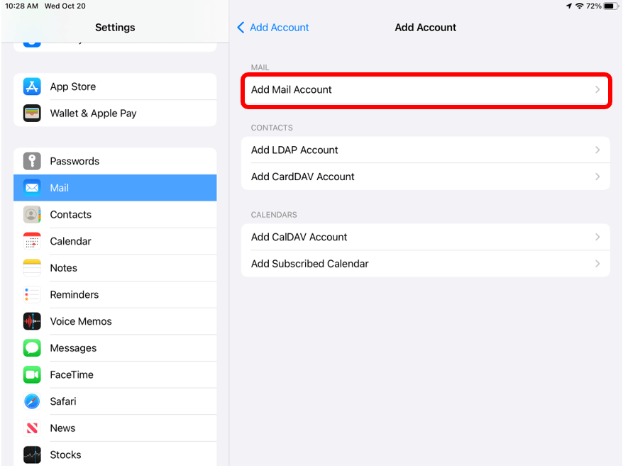 Add account screen with Add mail Account highlighted to show how to add an email account to the Mail app