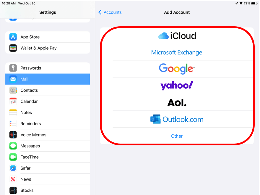 Add Account screen with iCloud, Microsoft Exchange, Google, yahoo!, Aol, and Outlook email providers listed