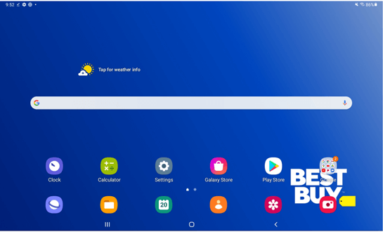 Android tablet home screen with blue background