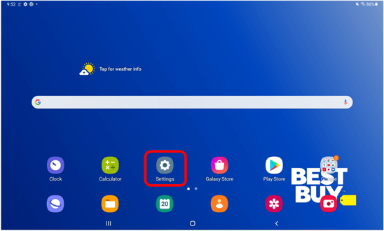 Android tablet home screen with settings app menu circled in red