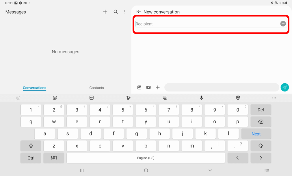 Messages app screen with recipient bar circled In red to show how to choose the person you would like to send a message to
