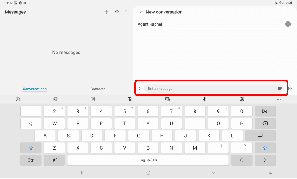 Messages app with Enter Message circled in red to show where to type message on Android tablet
