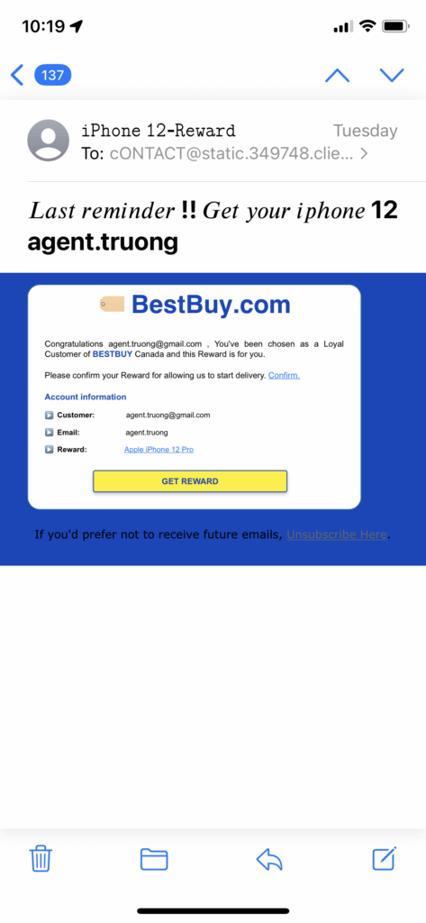 Phishing email that says iPhone 12-Reward. Last reminder!! Get your iphone 12 agent.truong.