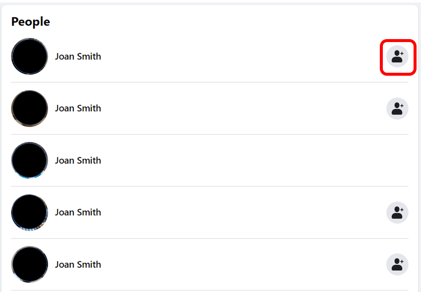 People list on Facebook with Add a Friend icon highlighted in red to show how to add someone on Facebook
