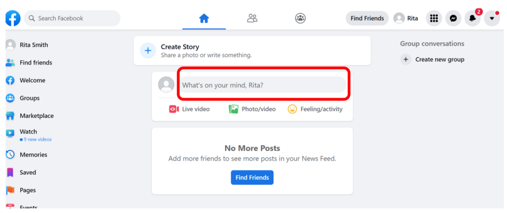 Facebook homepage with What's on your mind section highlighted in red to show how to start a Facebook post
