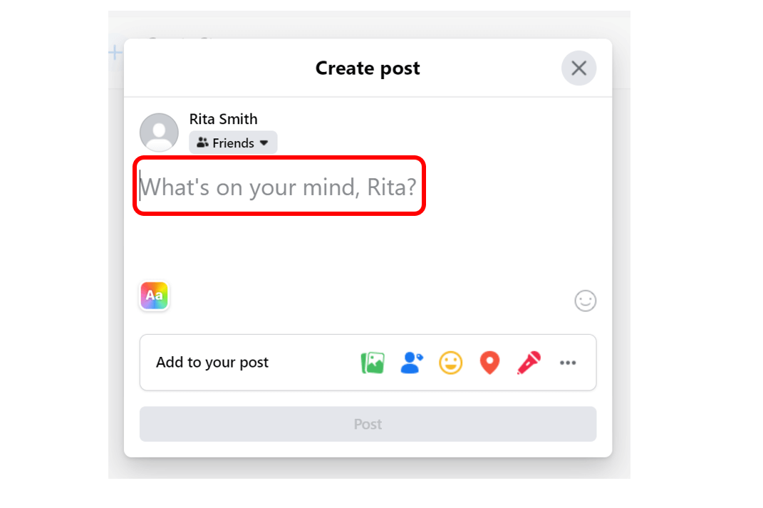 Facebook Create post screen with the section "What's on your mind" highlighted to show where to type in your post.