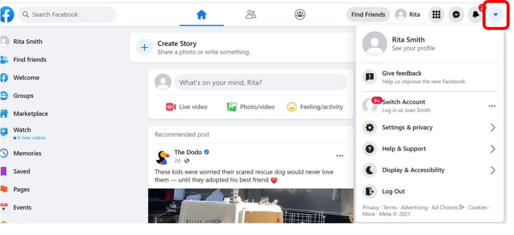Facebook homepage with downward arrow button on right-side of the screen highlighted in red.
