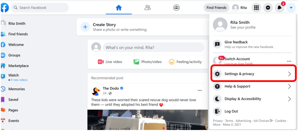 Facebook profile account menu with Settings and Privacy highlighted in red
