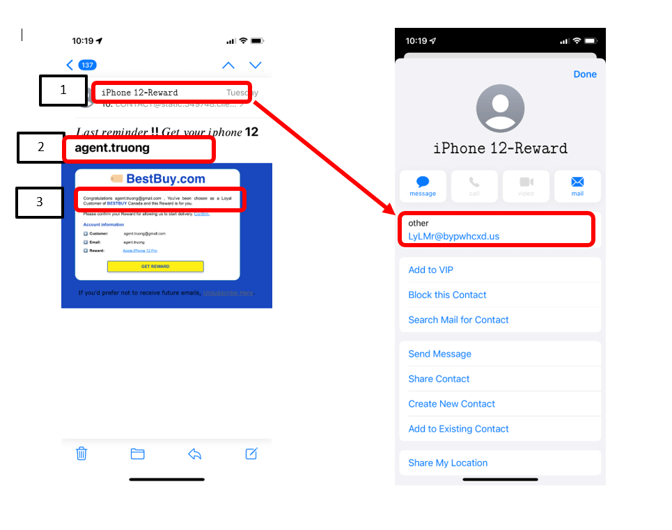 Phishing email with red flags iPhone 12- Reward from LyLMr@bypwhcxd.us, agent.truong, and Congratulations. You've been chosen as a Loyal Customer of BESTBUY Canada and this reward is for you highlighted