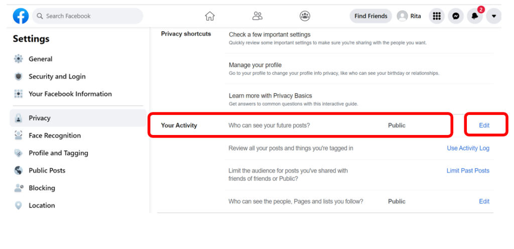 Facebook privacy settings with Your Activity and Edit highlighted in red to show how to change your Facebook privacy settings
