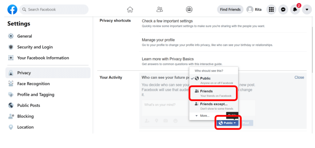 Facebook activity privacy settings with Friends highlighted in red to show how to limit your Facebook activity to only people you have as friends

