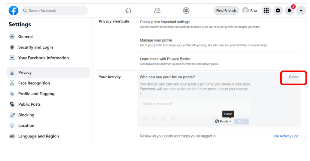 Facebook privacy activity settings with Close highlighted in red to show how to save changes
