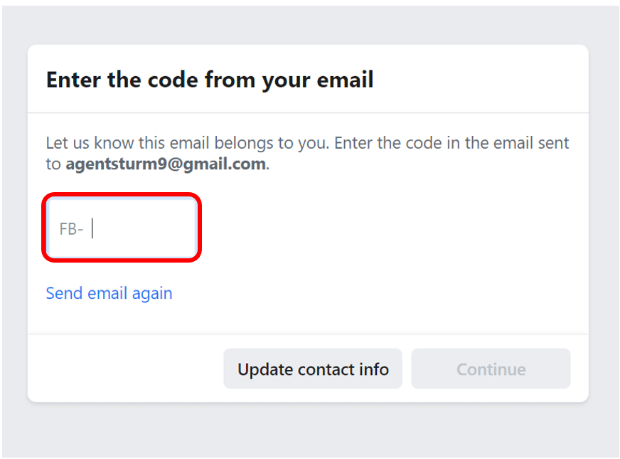 Facebook verification code screen to show where to enter code that was sent to email
