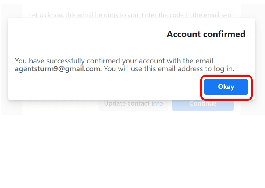 Facebook account confirmation with Okay button highlighted in red to complete sign up.
