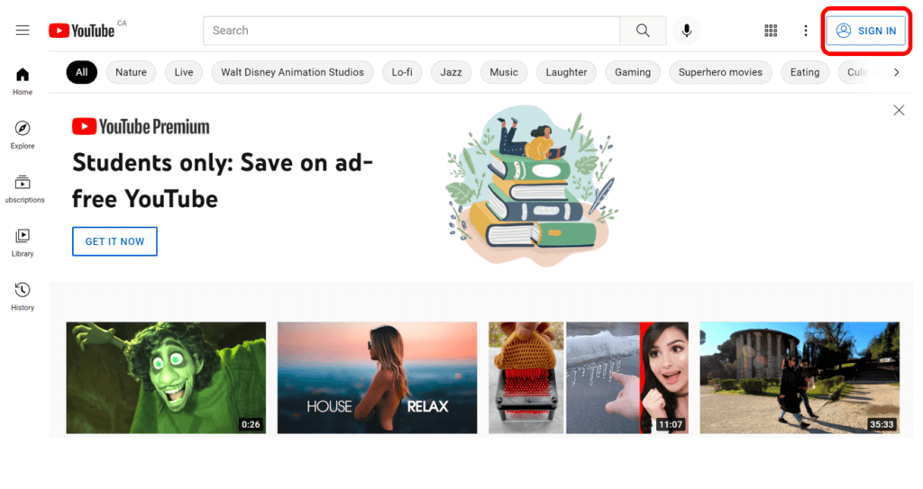 YouTube home page with Sign in button in top-right corner highlighted in red to show how to get started on creating an account.
