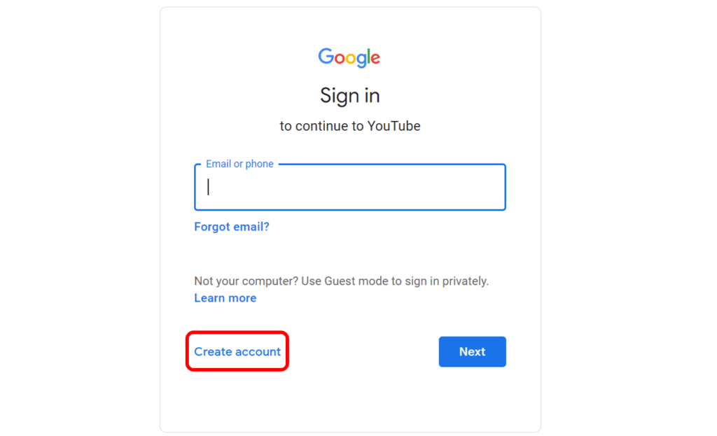 YouTube account sign in page with create account highlighted in red to show how to create a new YouTube account.
