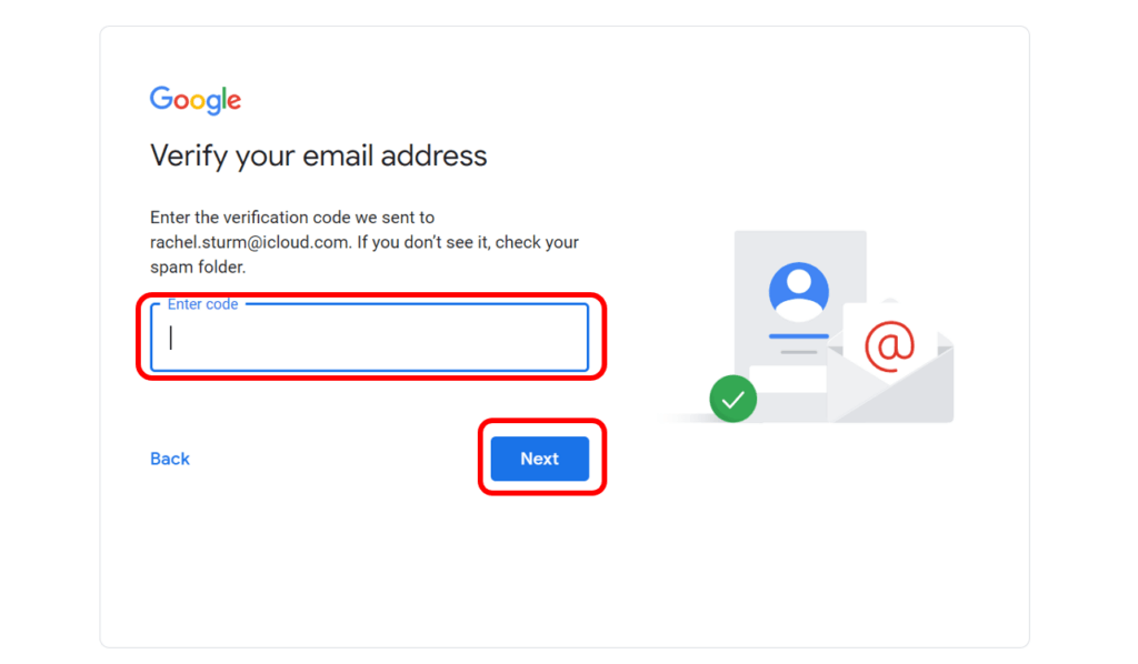 Google verification screen to show where to enter verification code that is sent to email address.
